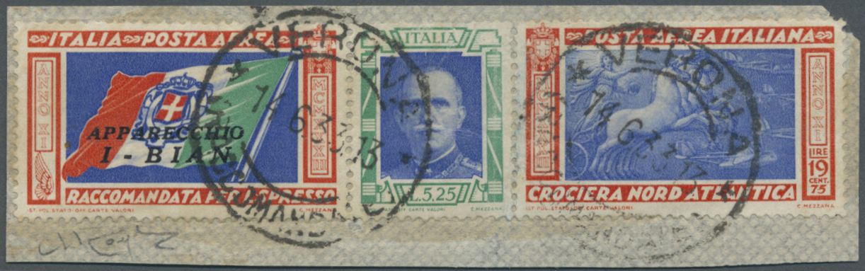 Brrst Italien: 1933, 5,25 L + 19,75 L "Crociera Nord-Atlantica" Strip Of 3 On Piece With Cds Verona Raccomandate, 14 - Marcophilie