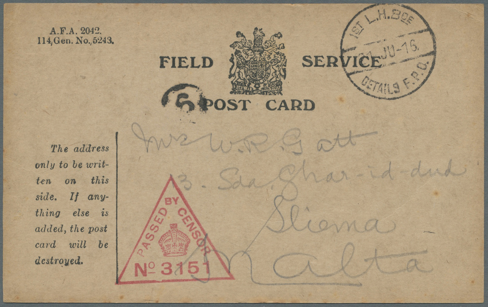Br Australien - Besonderheiten: 1916. Stampless 'Field Service/ Post Card' Addressed To Sliema, Malta' Cancelled 'Ist L. - Autres & Non Classés
