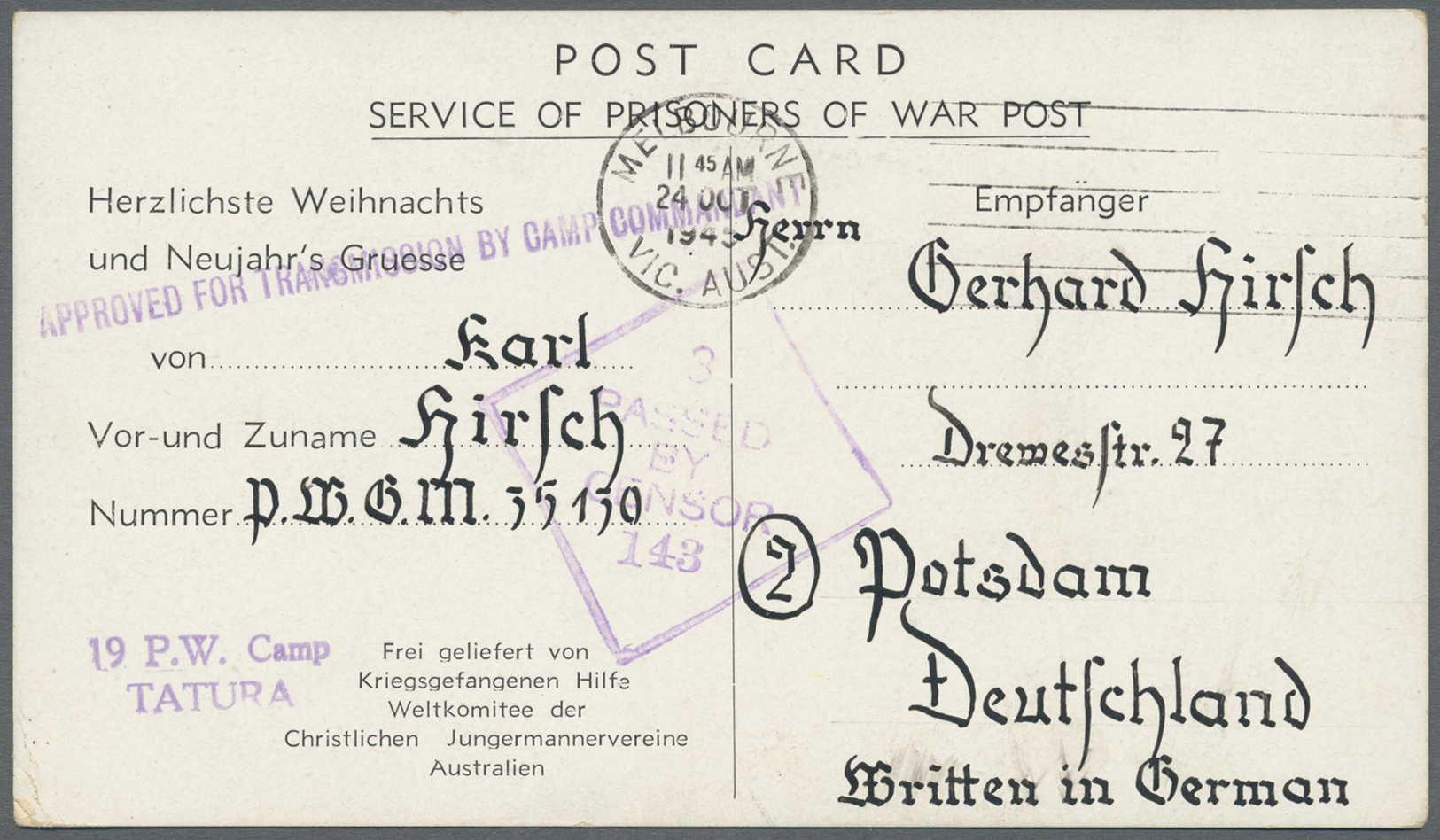 Br Australien - Besonderheiten: 1945 (24.10.), Special Printed 'SERVICE OF PRISONERS OF WAR POST' Postcard For Christmas - Other & Unclassified