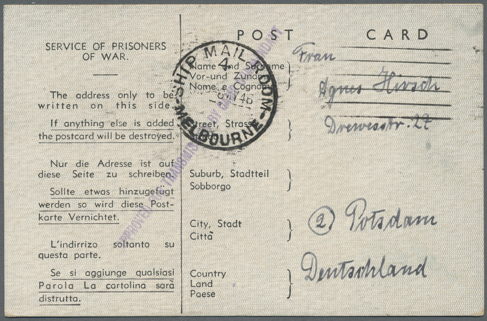 Br Australien - Besonderheiten: 1946 (8.5.), Stampless POW Postcard Used From Melbourne (19 P.W. Camp Tatura) To Potsdam - Other & Unclassified