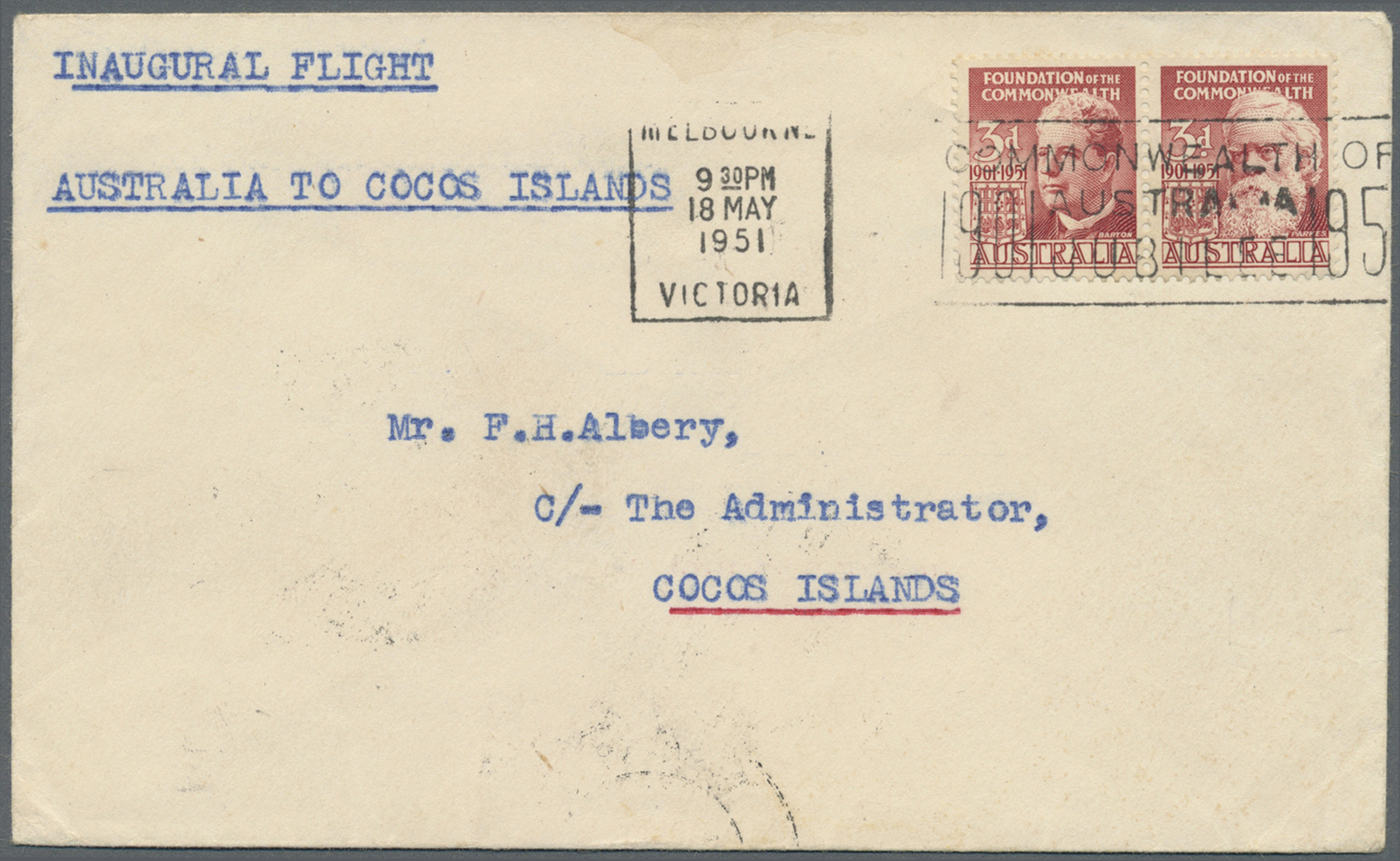 Australien - Besonderheiten: 1951, Quantas Survey Flight Australia-Cocos Isl. AAMC #1273b, Arrival "C&W LTD 30 MAY 51 CO - Other & Unclassified