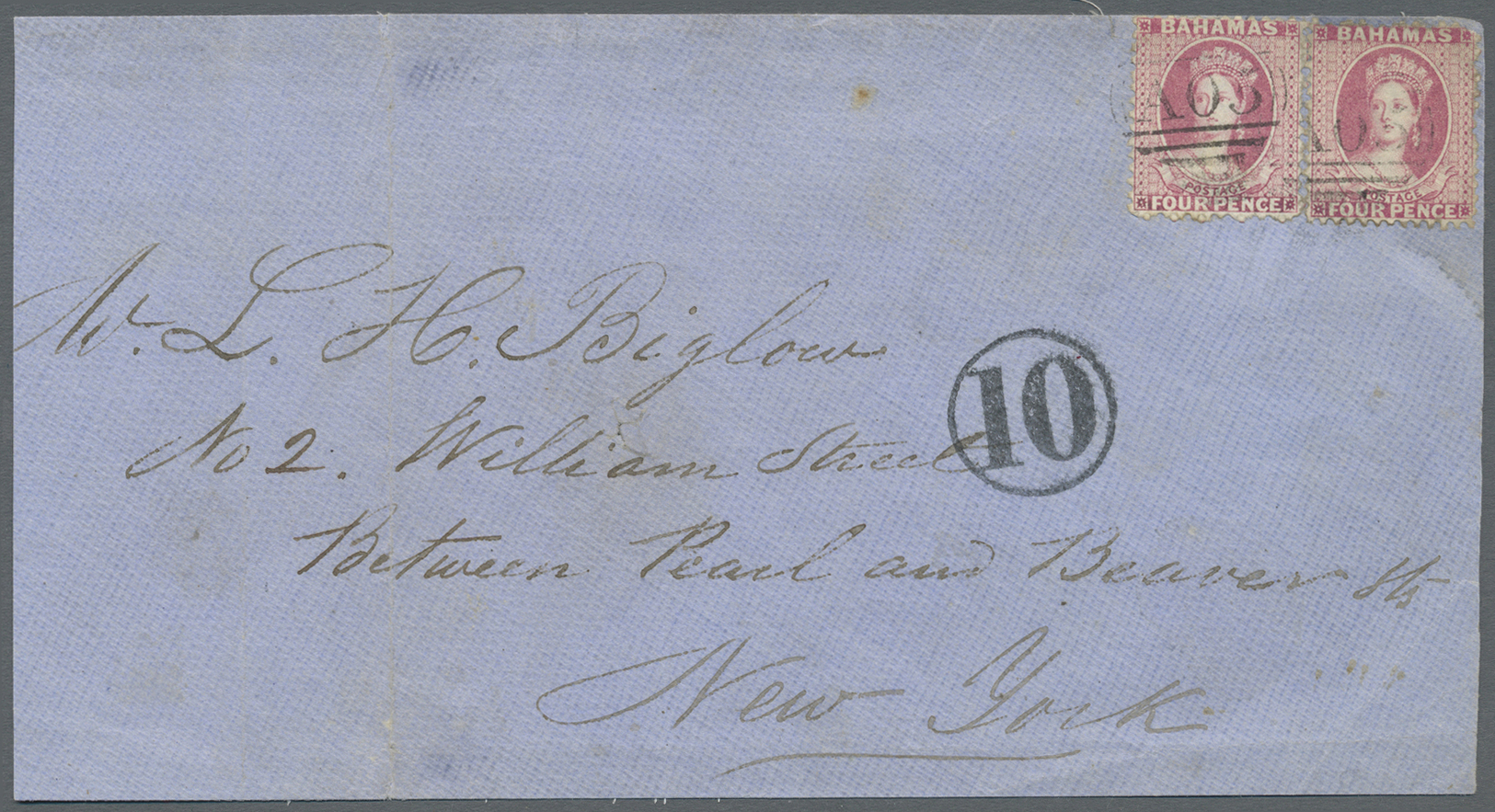 Br/Brrst Bahamas: 1875: Two Singles Of  QV 4d. Rose On Part (front) Of A Double Weight Cover To New York, Tied By "A05"  - 1963-1973 Ministerial Government