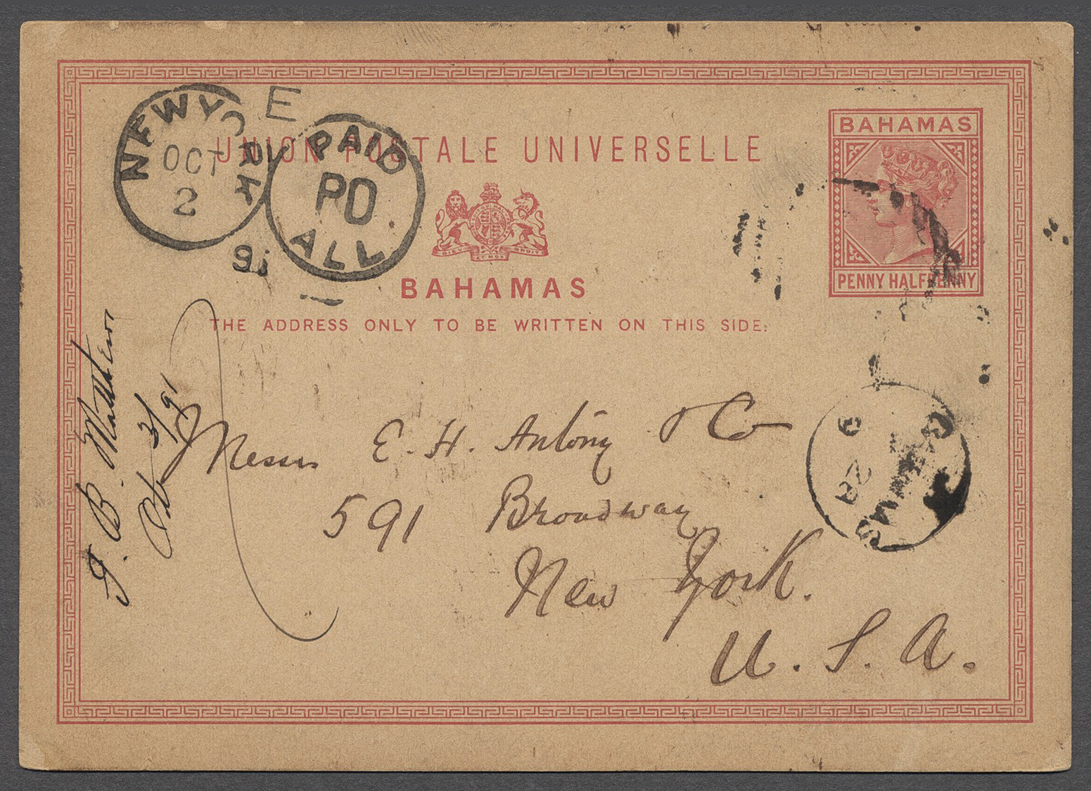 GA Bahamas: 1891, Postkarte 1½ D Rosa Antillen Alt, Ab INAGUA Nach New York, Ank.-Stpl. (2.10.91), Geringe Spuren. - 1963-1973 Ministerial Government