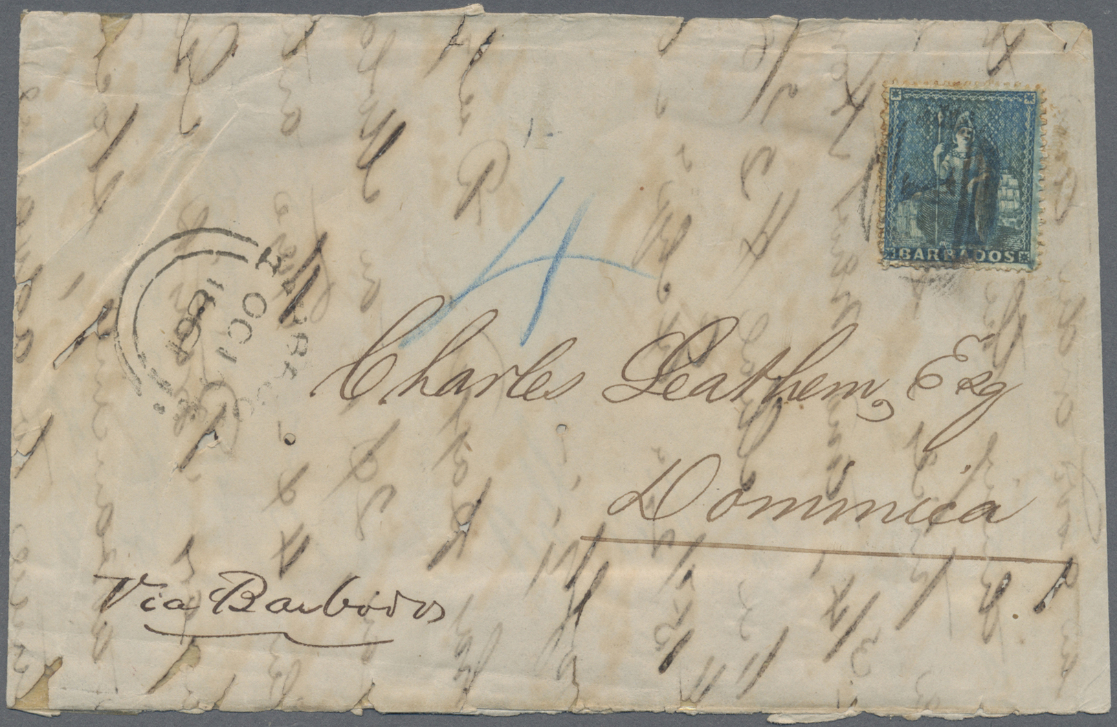 Br Barbados: 1861. Envelope (tears) Addressed To Dominica Bearing SG 18, (1d) Pale Blue Tied By '1' In Obliterator With  - Barbados (1966-...)