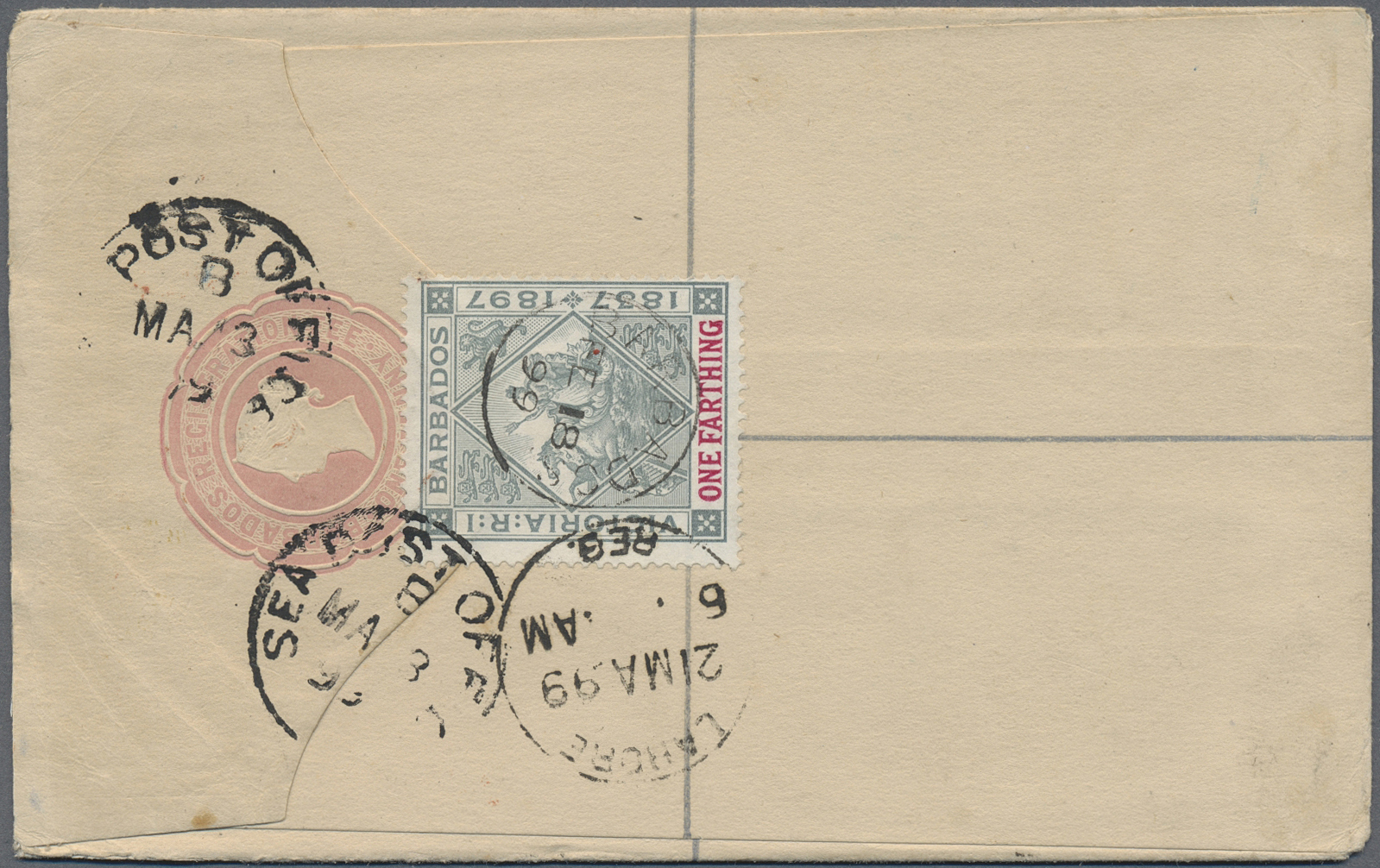 GA Barbados: 1899. Barbados Registered Postal Stationery Envelope 'One Penny' Pink Upgraded With SG 116, 1/4d Grey And C - Barbados (1966-...)