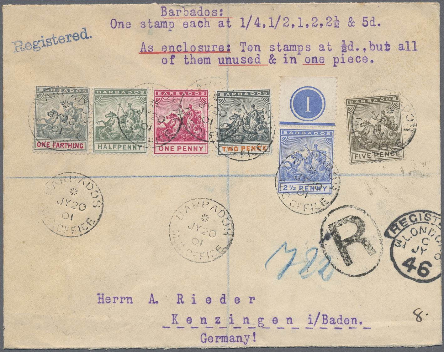 Br Barbados: 1901, Six Colour Franking By The Values Of One Farthing Up To Five Pence On Registered Cover Via London To  - Barbados (1966-...)