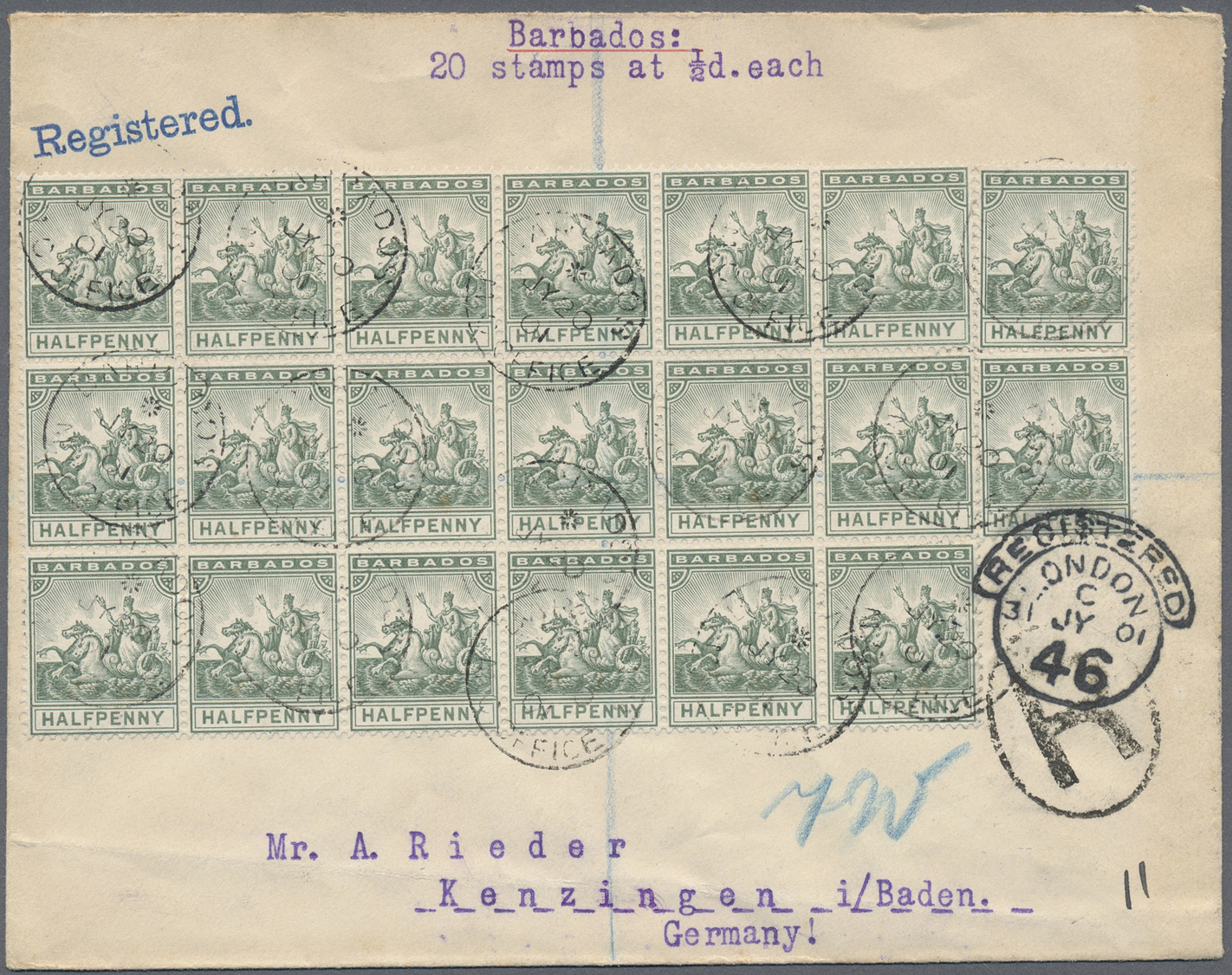 Br Barbados: 1901, Registered Letter With Great Franking By Block Of Twenty 1/2 D Definitives Via London To Germany. - Barbados (1966-...)