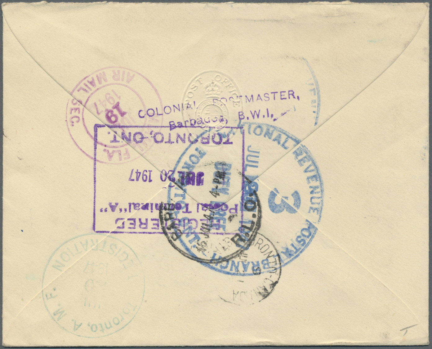 Br Barbados: 1920,1947, Two Attractiv Registered Letters, One To British Guiana And One To Canada. - Barbados (1966-...)
