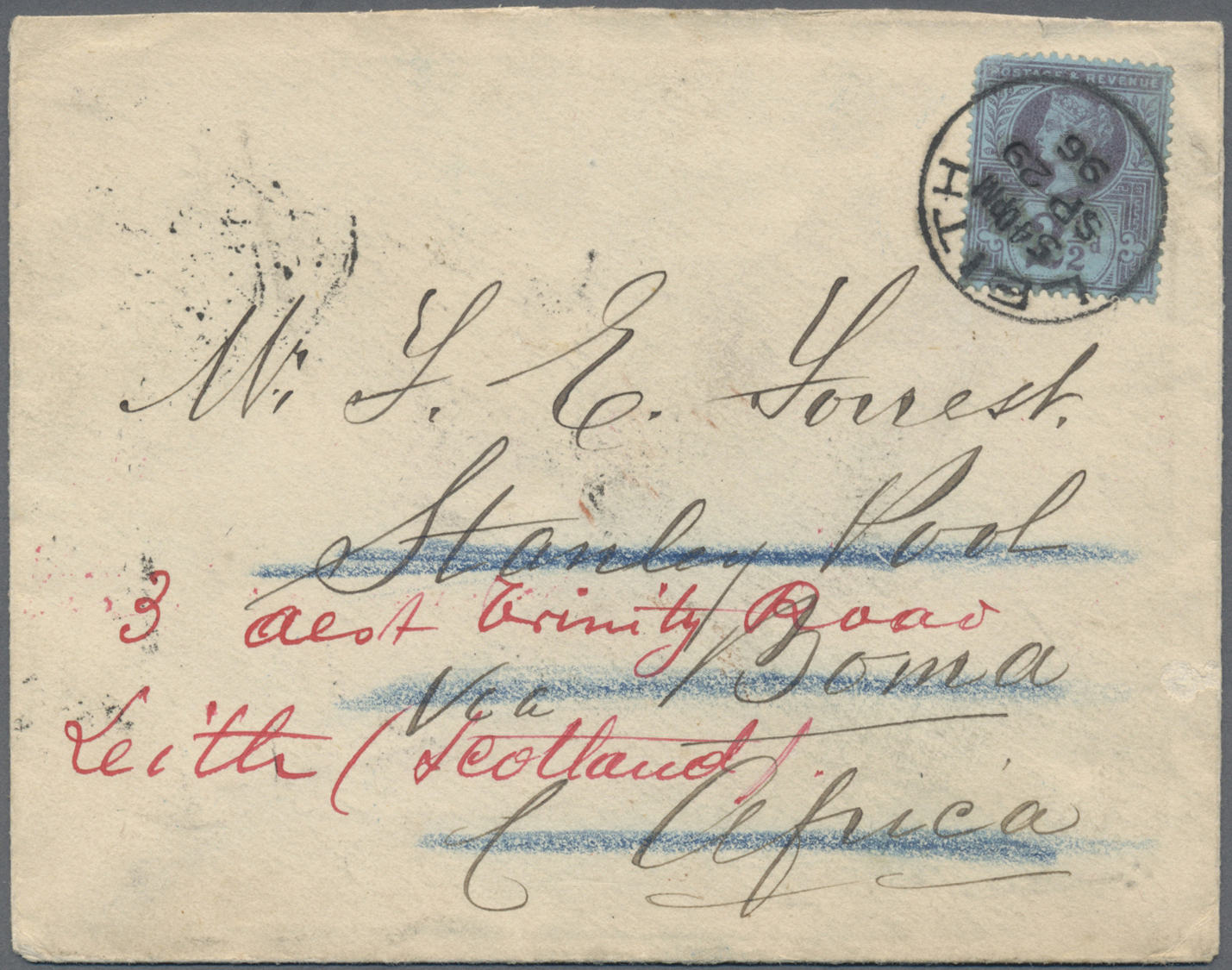 Br Belgisch-Kongo: 1896. Envelope Addressed To Stanley Pool, Boma, Central Africa Bearing SG 201, 2½d Purple/blue (perf  - Other & Unclassified
