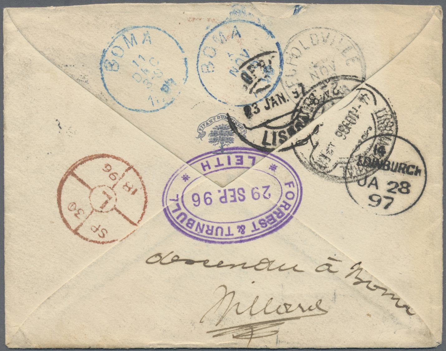 Br Belgisch-Kongo: 1896. Envelope Addressed To Stanley Pool, Boma, Central Africa Bearing SG 201, 2½d Purple/blue (perf  - Other & Unclassified