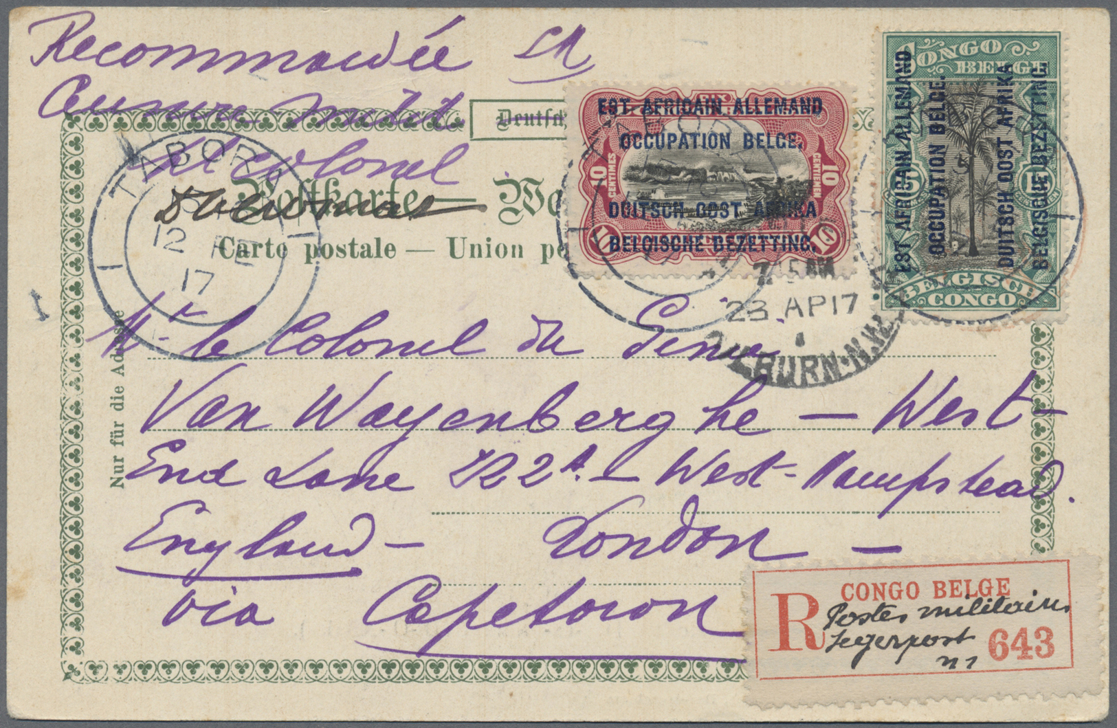 Br Belgisch-Kongo: 1917. Registered Picture Post Card Of 'Dar-es-Salaam' Addressed To London Bearing Belgian Occupation  - Other & Unclassified