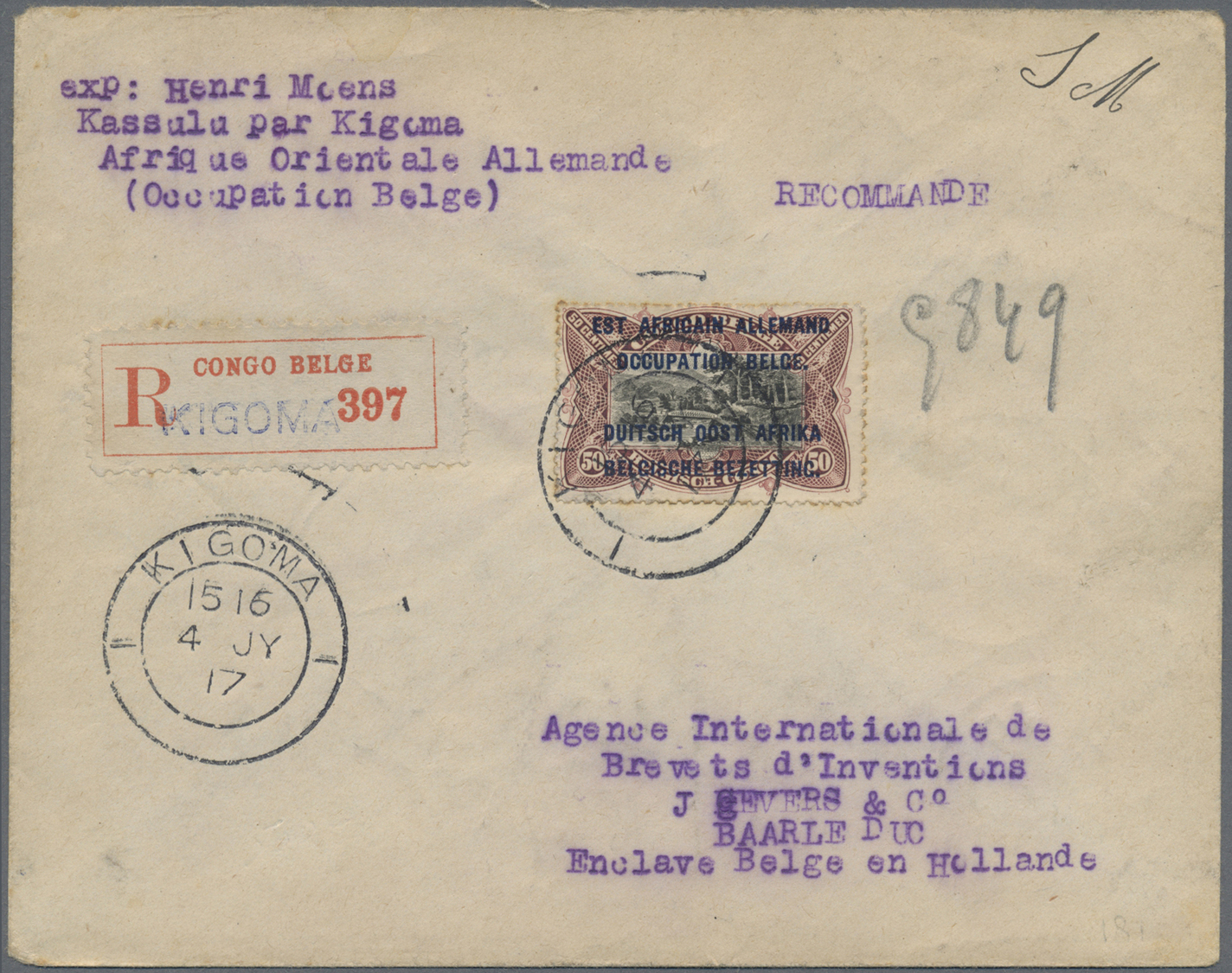Br Belgisch-Kongo: 1917. Registered Envelope Written From Kassala Addressed To Holland Bearing Belgian Occupation Of Ger - Other & Unclassified