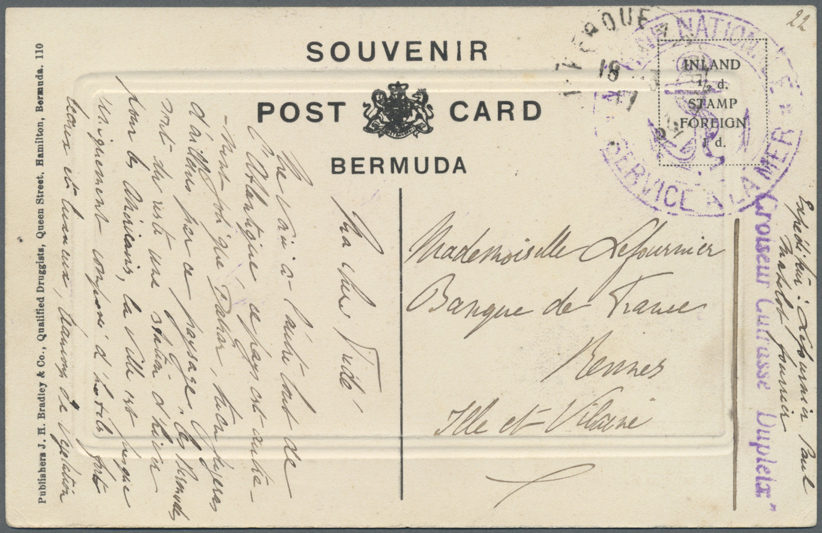Br Bermuda-Inseln: 1917. Picture Post Card Of 'Fairyland Waters' Written From Hamilton Dated '20th Feb 17' And Endorsed  - Bermuda