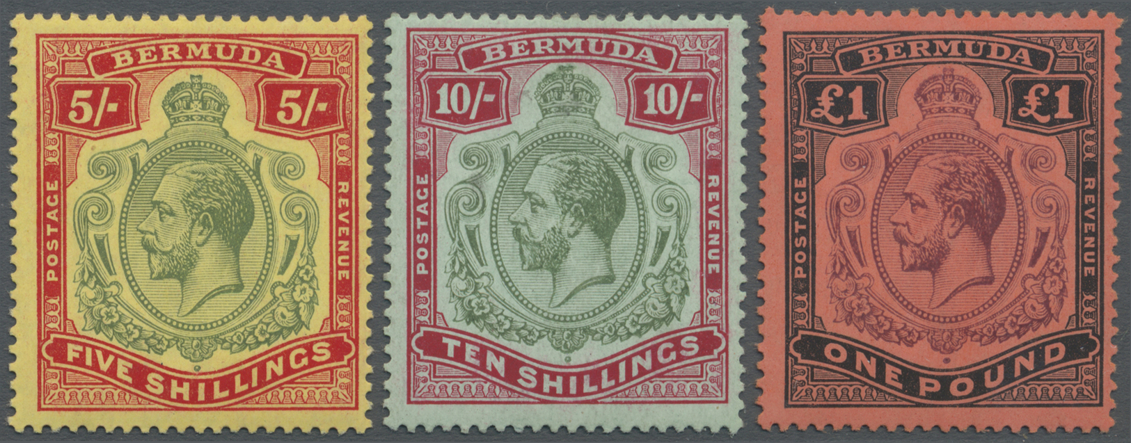 * Bermuda-Inseln: 1918/1920, KGV High Value Definitives 5s. To 1pd. With Wmk. Mult. Crown CA, Mint Lightly Hinged (10s.  - Bermuda