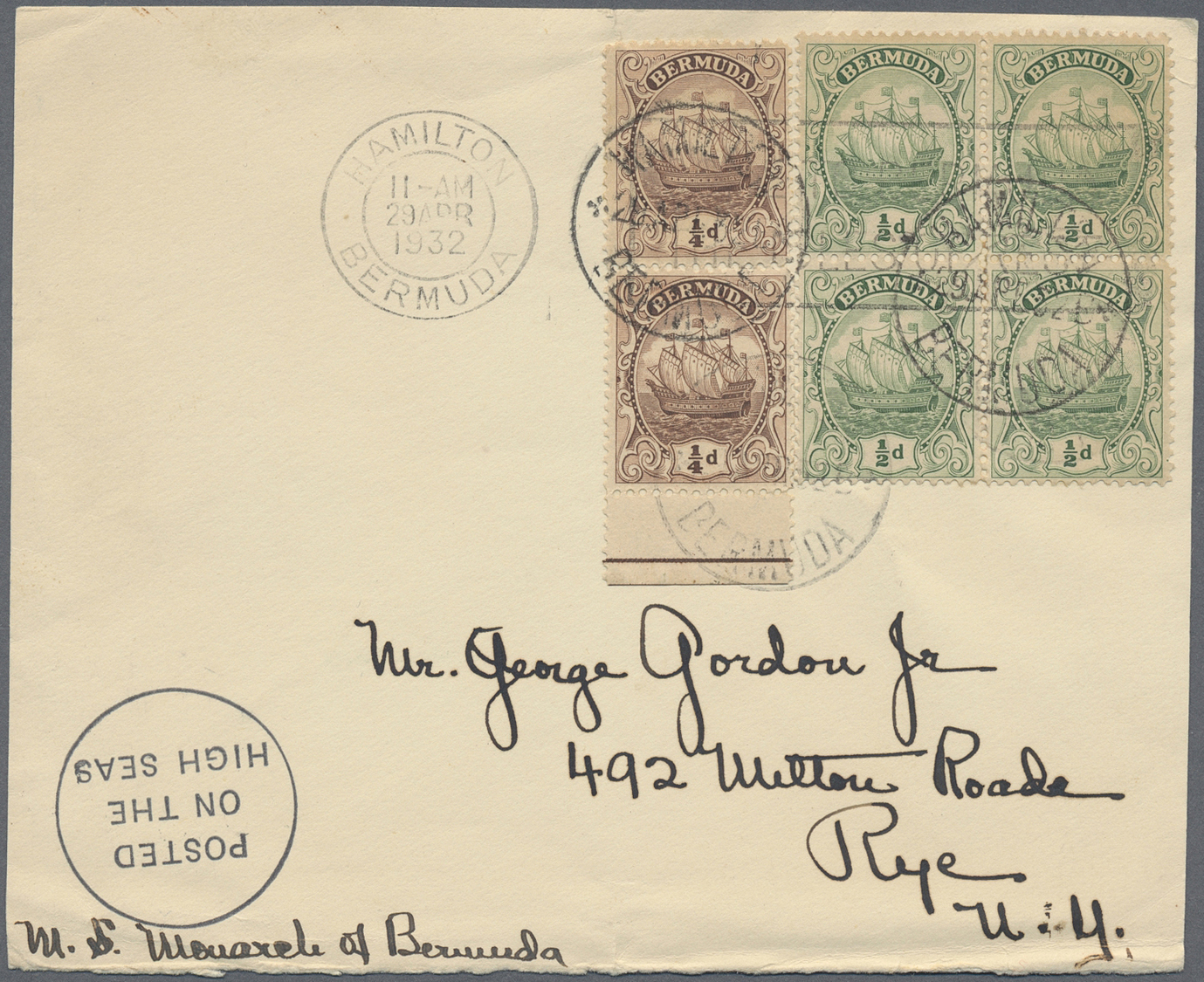 Br Bermuda-Inseln: 1932,1936, Front From HAMILTON With Ship Mark "POSTED ON HIGH SEAS" Nicely Franked With Small Tear, N - Bermuda