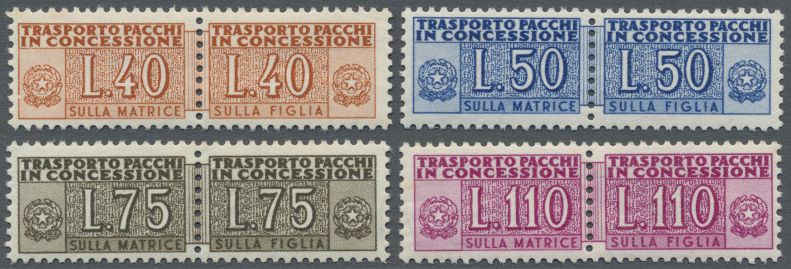 ** Italien - Paketmarken: 1953, Wertziffern Und Staatswappen, 4 Paare, Postfrisch. - Postal Parcels