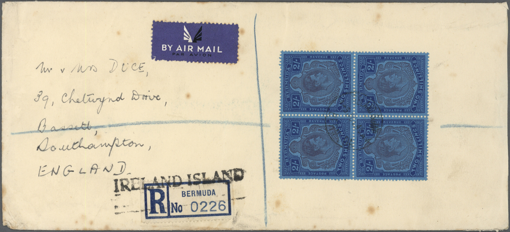 Bermuda-Inseln: 1938, KG VI 2 Sh. Deep-blue/light-blue/purple In Block Of Four On Regitered Airmail-letter (few Stains) - Bermuda