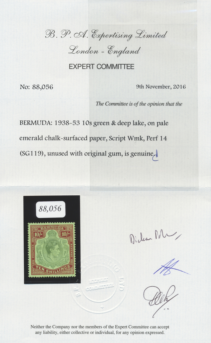 ** Bermuda-Inseln: 1938-53, 10 Sh. Green And Deep Lake Mint Never Hinged, Cert. BPA, SG Cat. GBP 450,- - Bermuda