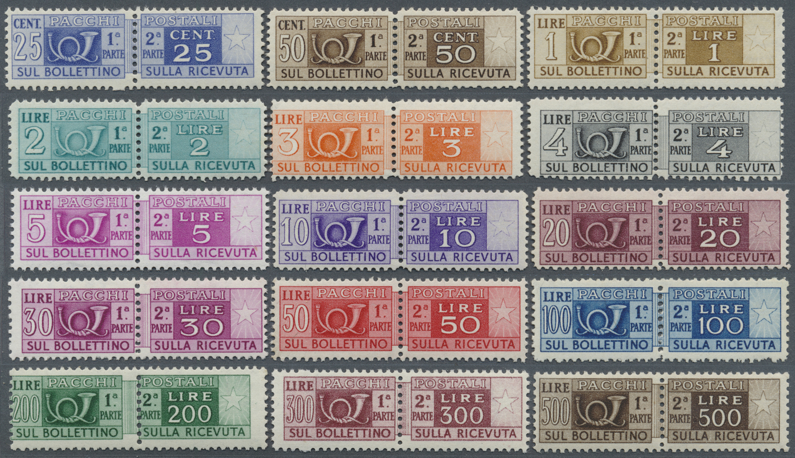 **/* Italien - Paketmarken: 1946/1952, 25 C. Bis 500 Lire, Wz. Flügelrad, 15 Werte Komplett, Postfrisch Bzw. Einige - Postal Parcels