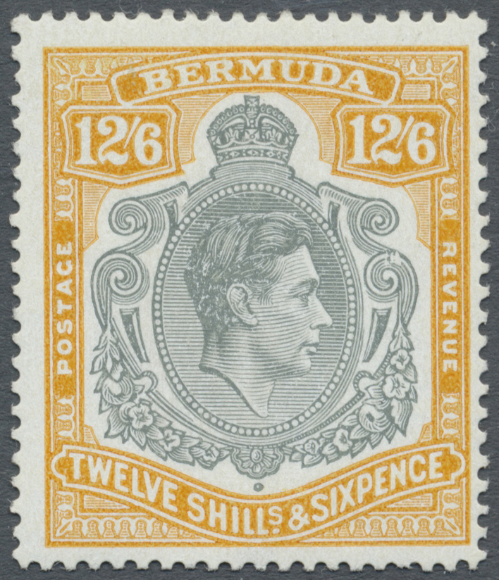 ** Bermuda-Inseln: 1938-53, 12 Sh. 6d. Grey And Yellow Mint Never Hinged, Variety "broken Lower Right Scroll" Cert., SG  - Bermuda