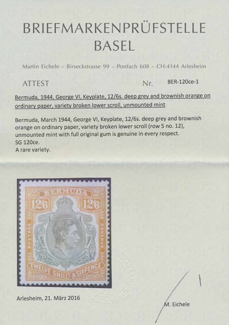 ** Bermuda-Inseln: 1938-53, 12 Sh. 6d. Grey And Yellow Mint Never Hinged, Variety "broken Lower Right Scroll" Cert., SG  - Bermuda