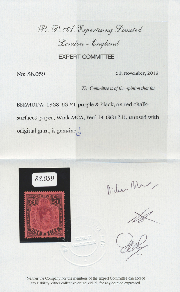 ** Bermuda-Inseln: 1938-53, 1 Pound Purple And Black On Red Mint Never Hinged, Cert. BPA, SG Cat. GBP 275,- - Bermuda