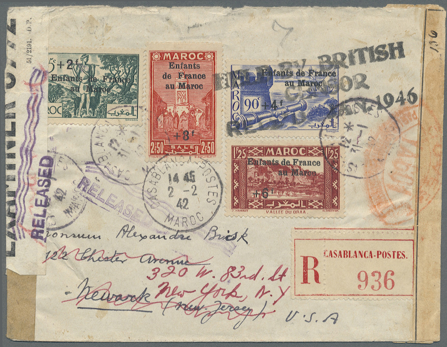 Br Bermuda-Inseln: 1942. Registered Air Mail Envelope Addressed To The United States Bearing French Morocco 'Child Refug - Bermudes