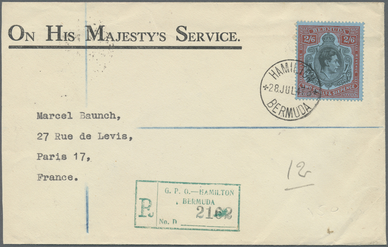 Br Bermuda-Inseln: 1943. Registered Official Envelope (shortened On Left) Headed 'On His Majesty’s Service’ Addressed To - Bermuda
