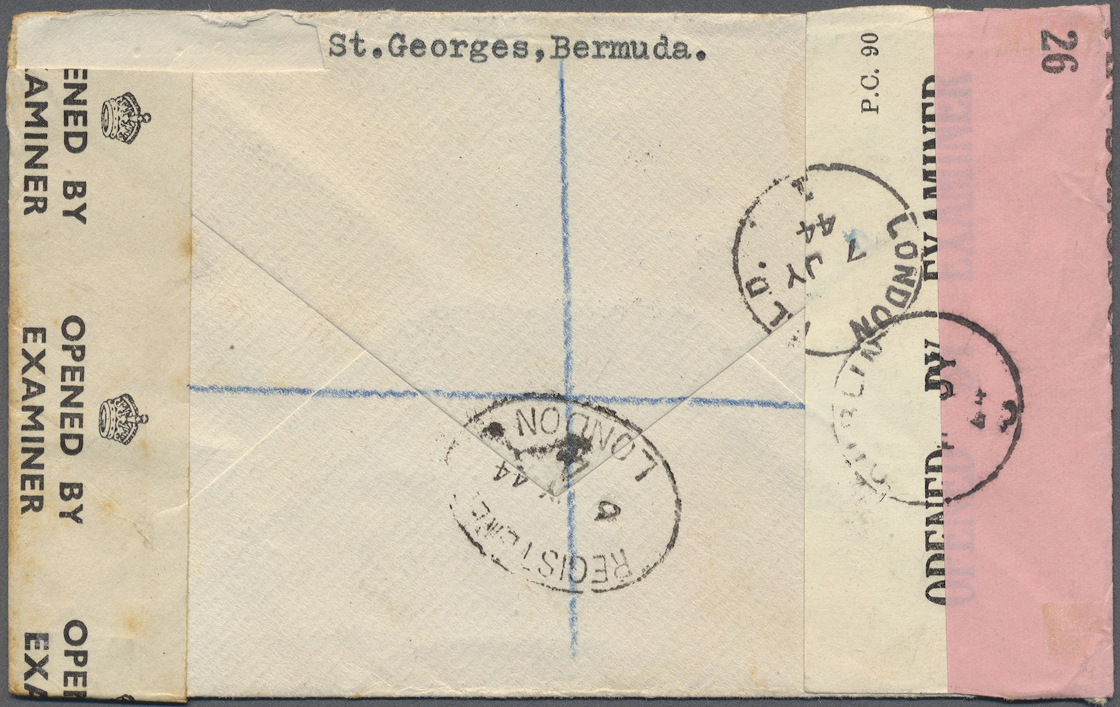 Br Bermuda-Inseln: 1944. Registered Air Mail Envelope Addressed To Ireland Bearing SG 118d, 5s Pale Bluish Green And Car - Bermuda