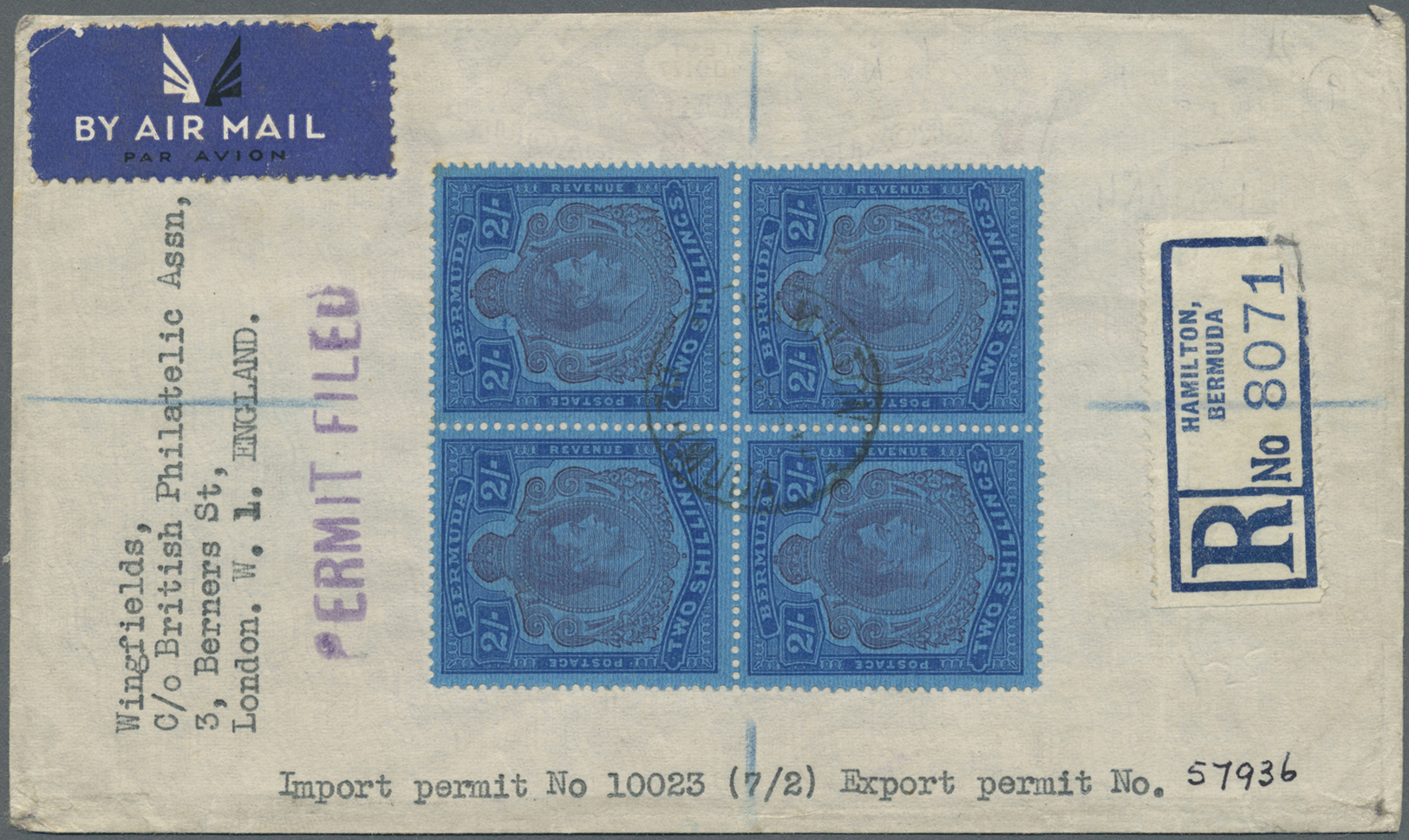 Br Bermuda-Inseln: 1944. Registered Air Mail Envelope (flap Missing) Addressed To London Bearing SG 116, 2s Purple And B - Bermudes