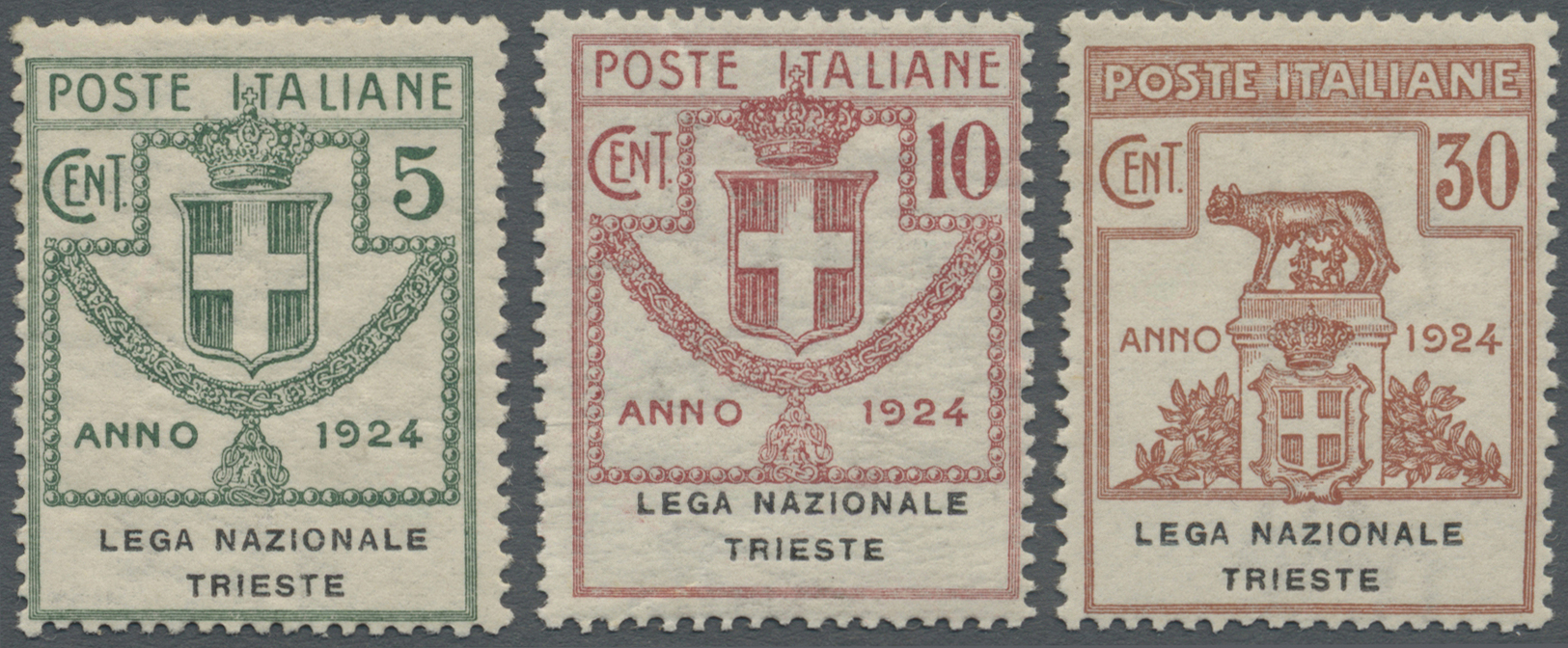 * Italien - Portofreiheitsmarken: 1924, LEGA NAZIONALE TRIESTE Issue Three Values 5c. , 10c. And 30c. Brown, Min - Franchise