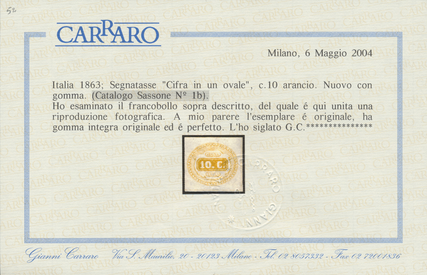 ** Italien - Portomarken: 1863, 10 C Yellow Mint Never Hinged, Signed And Cert. Carraro, Mi * Already 2.000.- (Sa - Postage Due