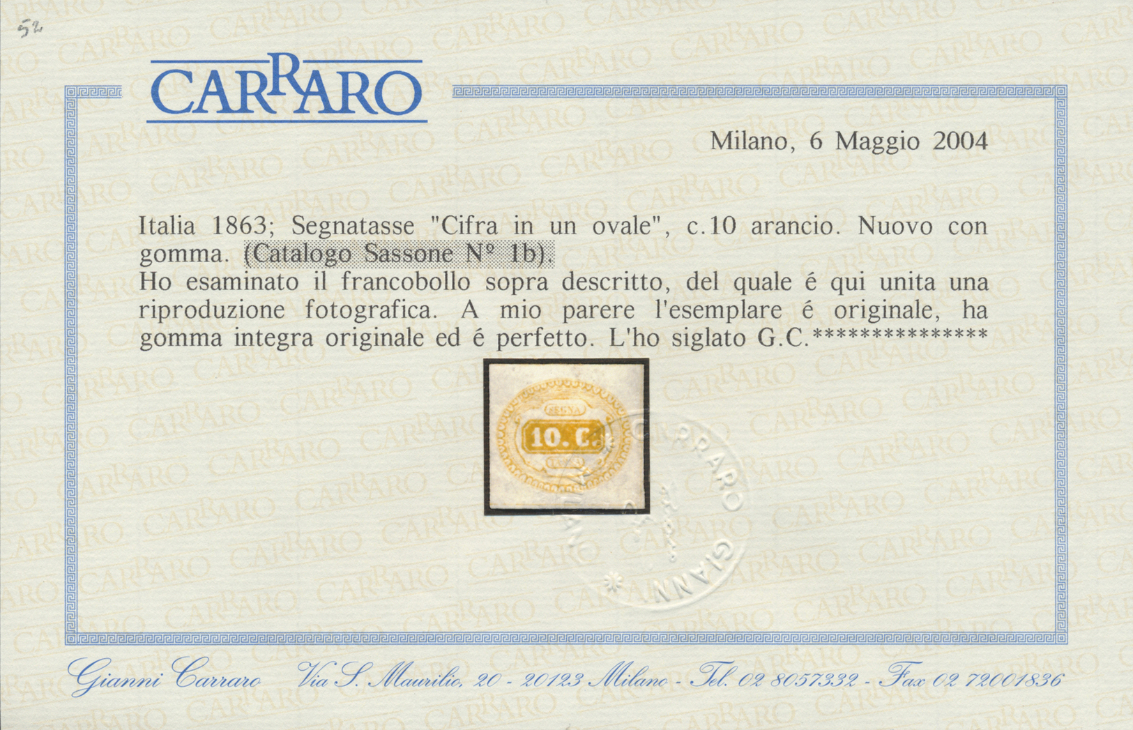 ** Italien - Portomarken: 1863, 10 C Yellow Mint Never Hinged, Signed And Cert. Carraro, Mi * Already 2.000.- (Sa - Taxe