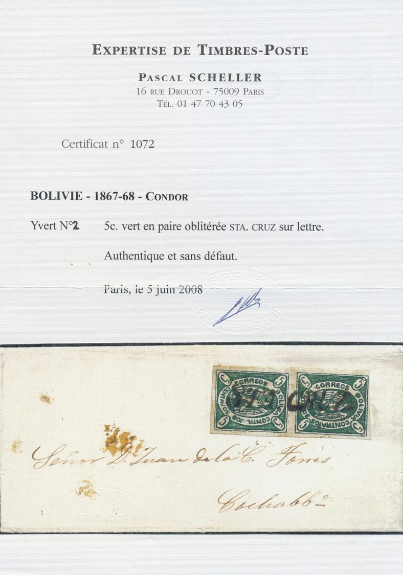 Br Bolivien: 1867, Condor 5 C Deep-green, Position 39/51, Vertical Pair Tied By Single-line "STA. CRUZ" On Entire Letter - Bolivia