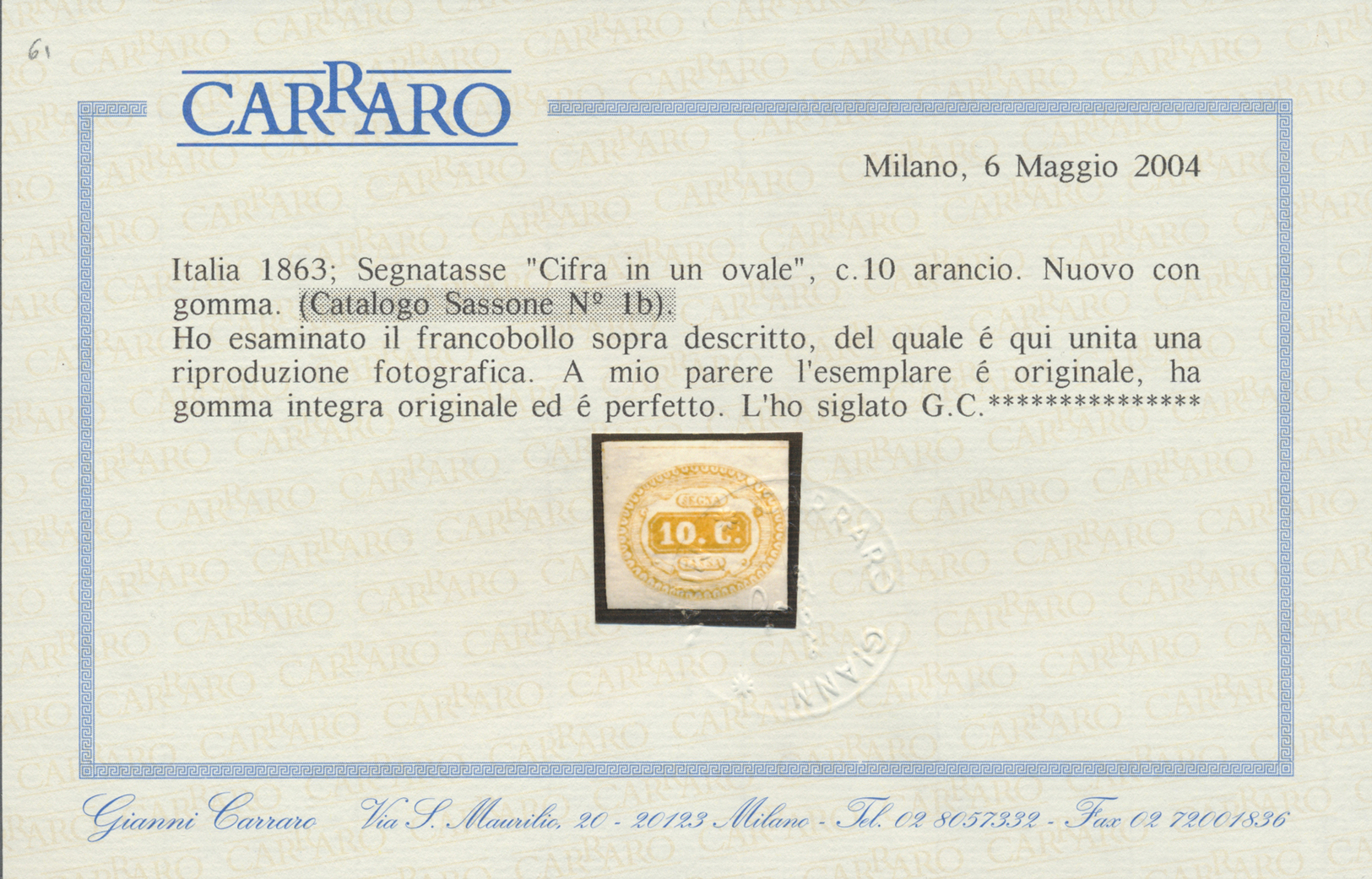 ** Italien - Portomarken: 1863, 10 C Yellow Mint Never Hinged, Signed And Cert. Carraro, Mi * Already 2.000.- (Sa - Taxe