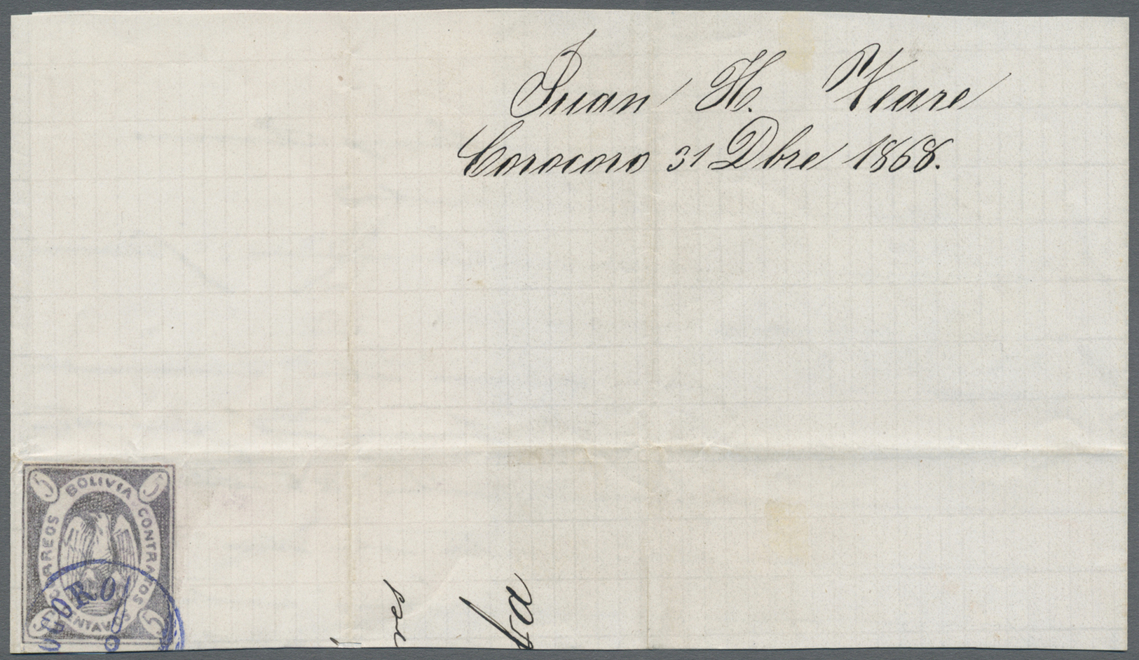 Br/Brrst Bolivien: 1868 'Condor' 5c. Violet On Part (half) Cover From Corocoro To Cochambamba, Dated 31. Dec. 1868 And S - Bolivia
