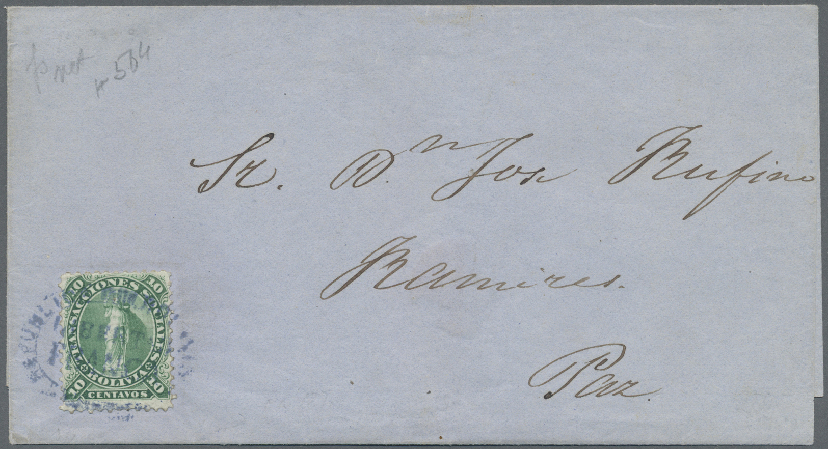 Br Bolivien: 1870, 10 C. Green Tied Blue Oval "LIBERTAD FRANCO" To Folded Envelope To La Paz, A Scarce Stamp On Cover. - Bolivia