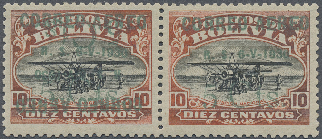 * Bolivien: 1930, Zeppelin 5 C. On 10 C., Horizontal Pair, Left Stamp With Double Overprint (one Inverted), Right Stamp  - Bolivie