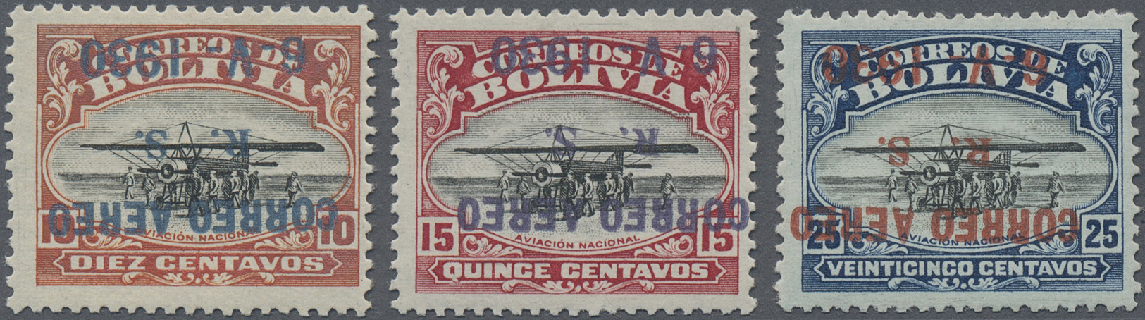 * Bolivien: 1930, Zeppelin 10 C., 15 C. And 25 C. With Inverted Overprint, Unused, Fine, Signed - Bolivia