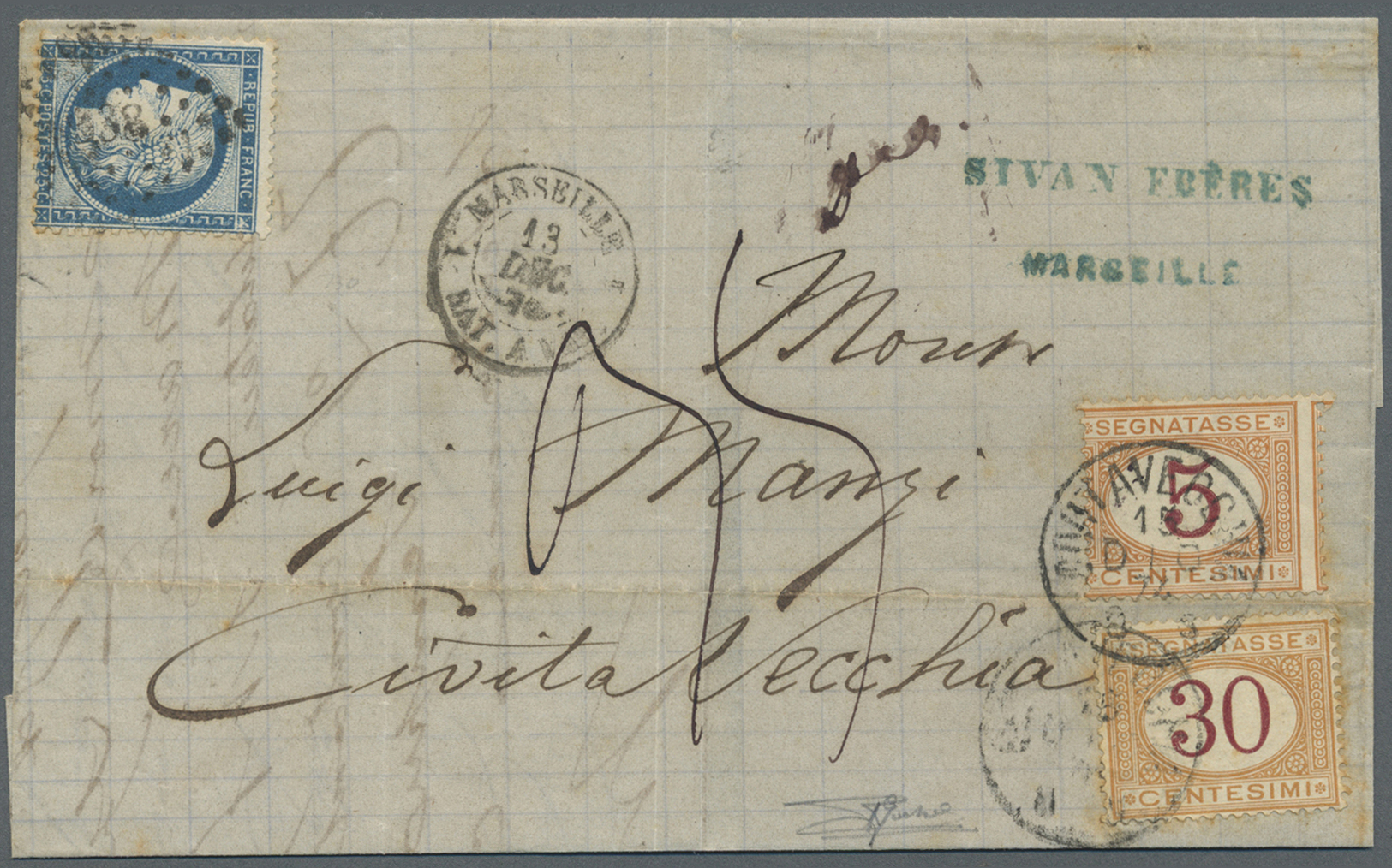 Br Italien - Portomarken: 1874, 5c. Ocre/carmine And 30c. Ocre/carmine On Incoming Lettersheet From Marseille 13. - Taxe
