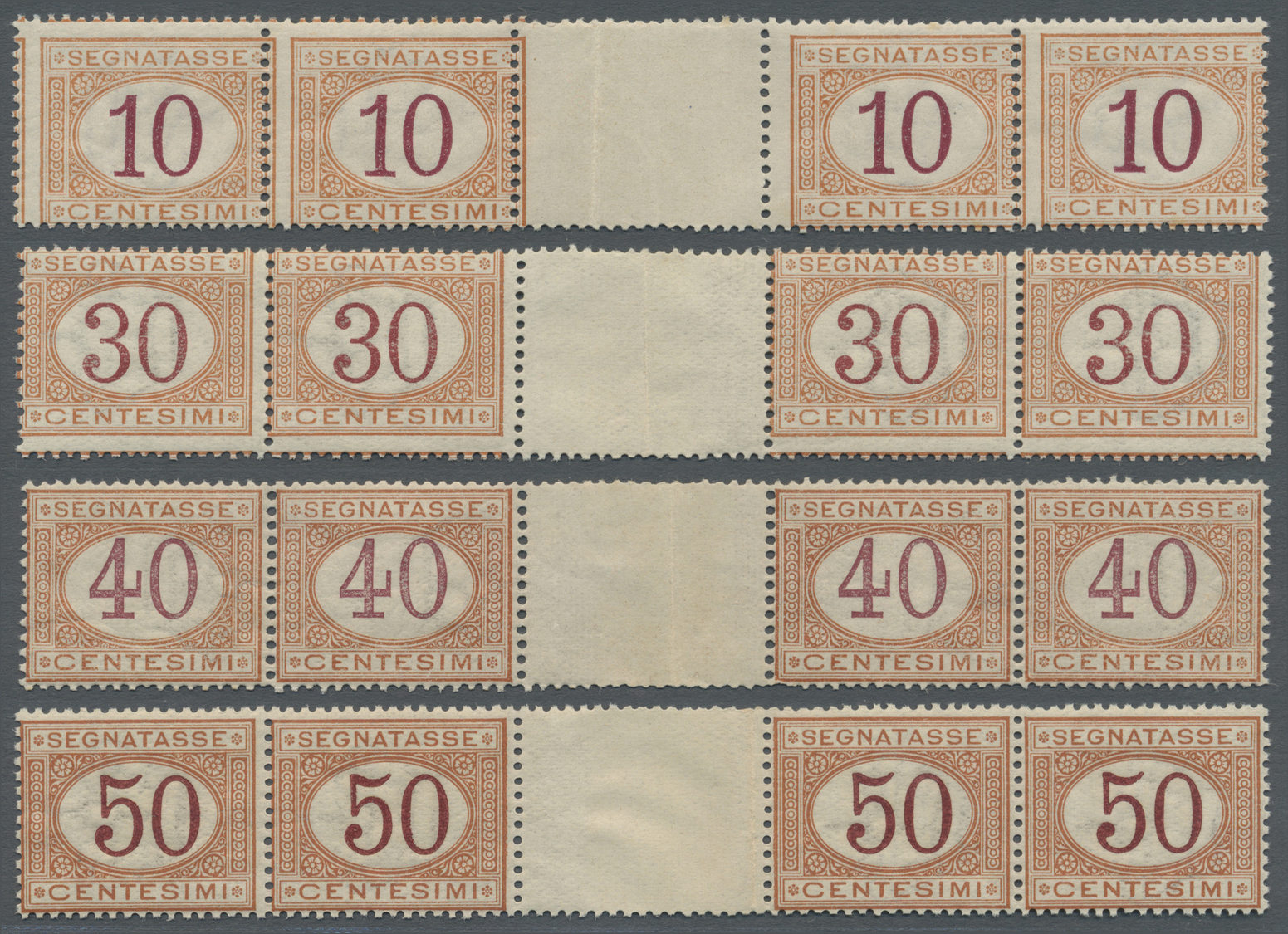 ** Italien - Portomarken: 1890/1894, 10c., 30c., 40c. And 50c., Four Values In Horiz. Gutter Pairs, Normally Perf - Postage Due