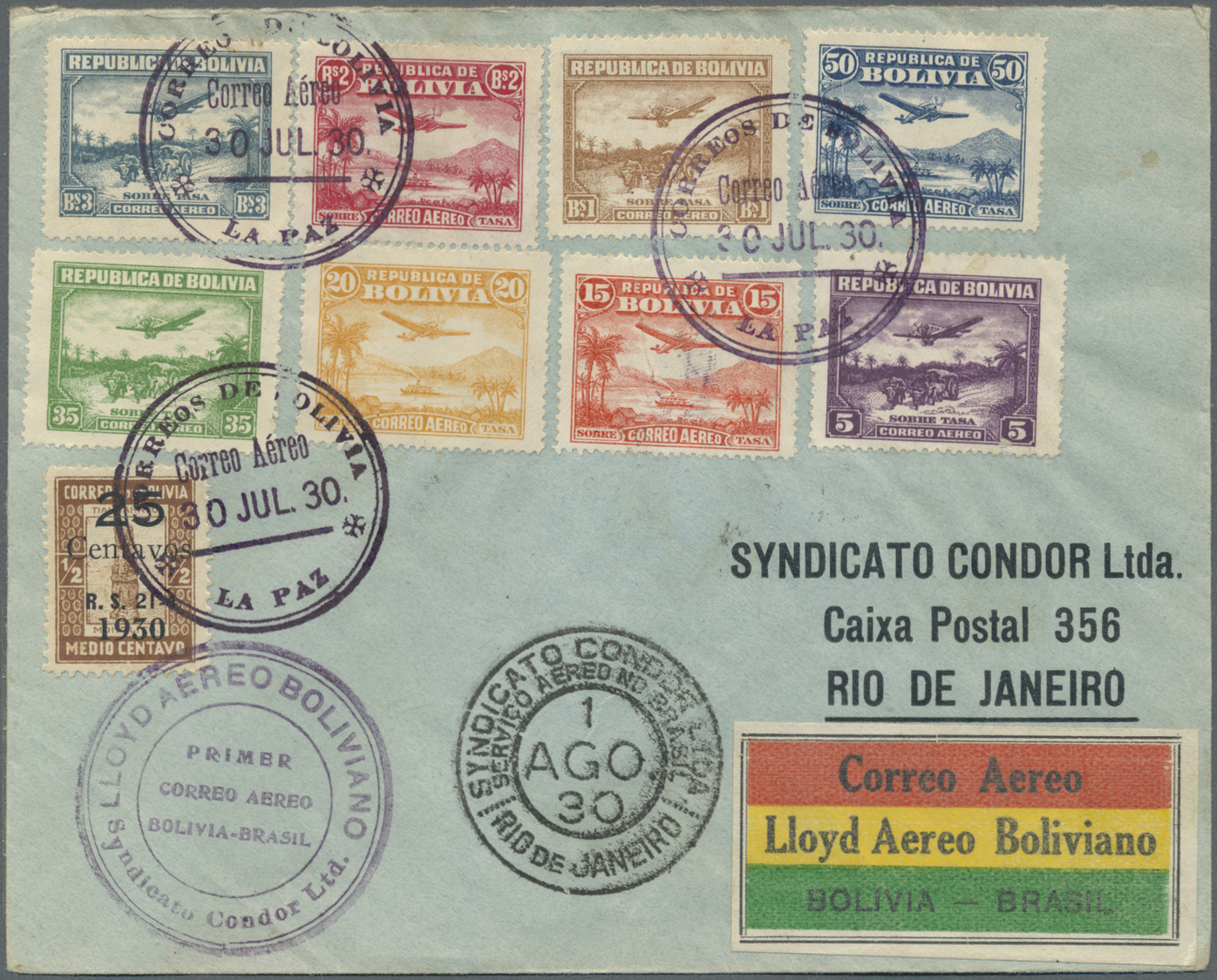 Br Bolivien: 1930, Erstflug La Paz - Rio De Janeiro Mit Luftpost-Satz, Mit Bestätigungsstempeln Und Transitstempeln, Mul - Bolivien