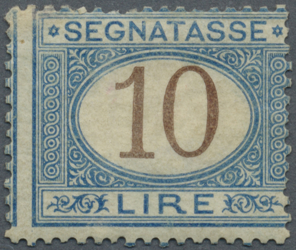 * Italien - Portomarken: 1870: 10 Lire Segnatasse Blue And Brown, Typical Shifted Perforation, Short Dents, Slig - Taxe