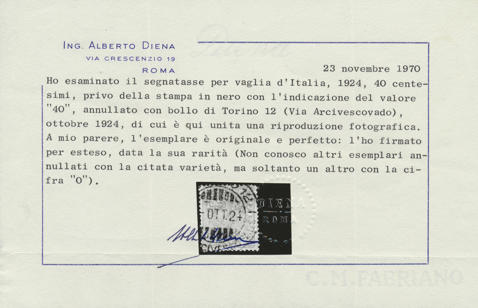 O Italien - Postanweisungsmarken: 1924, "Segnatasse Per Vaglia" 40 C. Dull Green With Variety Missing Value "40" - Insured
