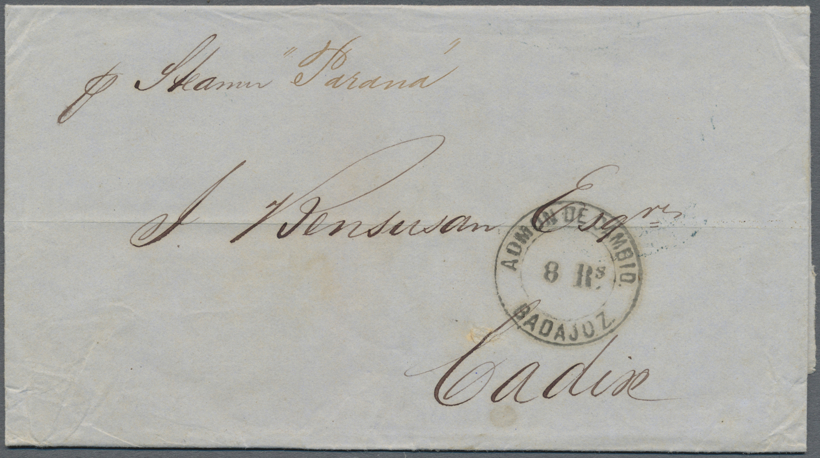 Br Brasilien - Vorphilatelie: 1863, "BADAJOZ ADMON DE CAMBIO 8 Rs." On Entire Letter Sent From Rio Grand E Del Sul With  - Prephilately