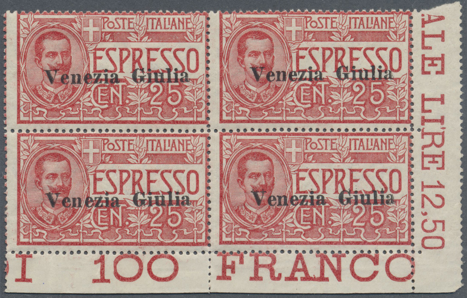 ** Italienische Besetzung 1918/23 - Julisch-Venetien: 1919, 25c. Rose Express Stamp, Marginal Block Of Four (vert - Vénétie Julienne