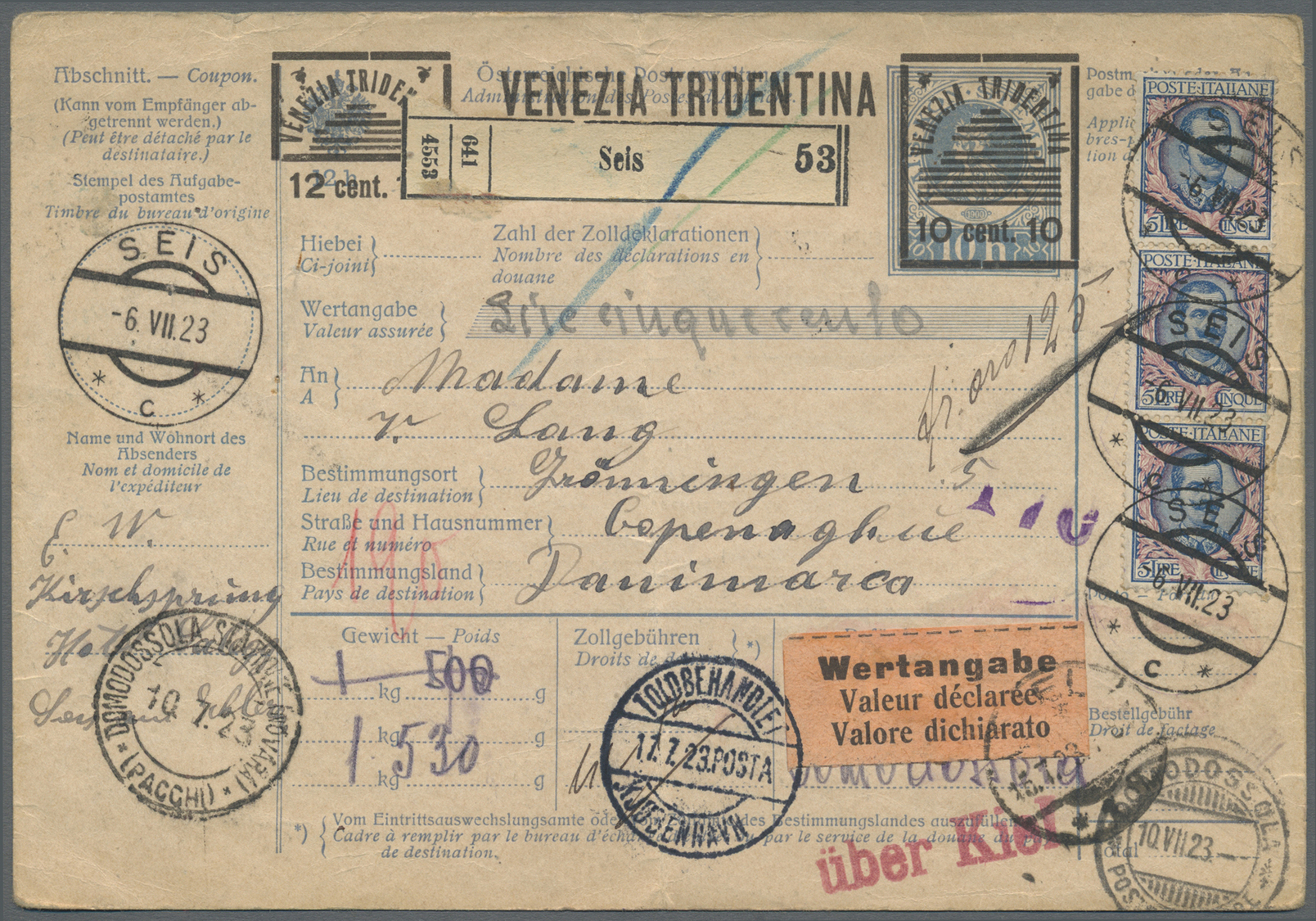 GA Italienische Besetzung 1918/23 - Julisch-Venetien: 1923, Ganzsachen-Paketkarte 10 Heller Mit Aufdruck "VENEZIA - Vénétie Julienne