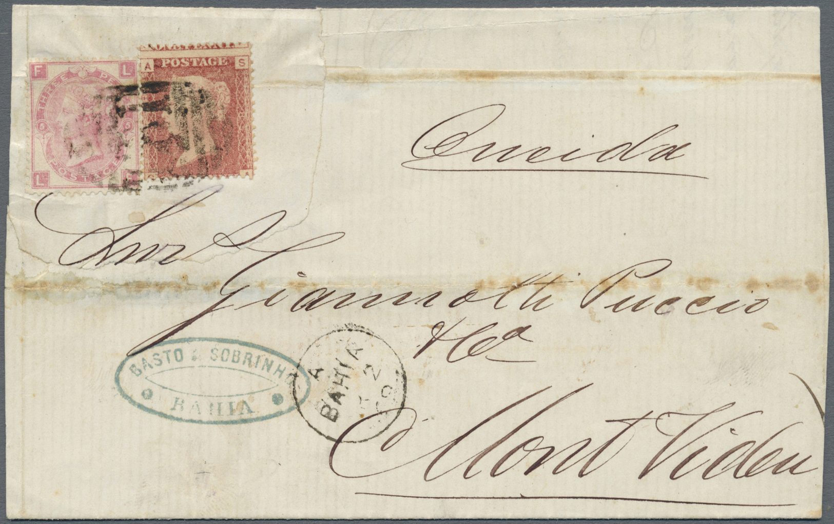 Br Brasilien: 1869, Folded Mouning Letter Bearing British 1 D Red (pl. 85) And 3 D. Rose (pl. 5) Tied By Numeral "8" And - Other & Unclassified