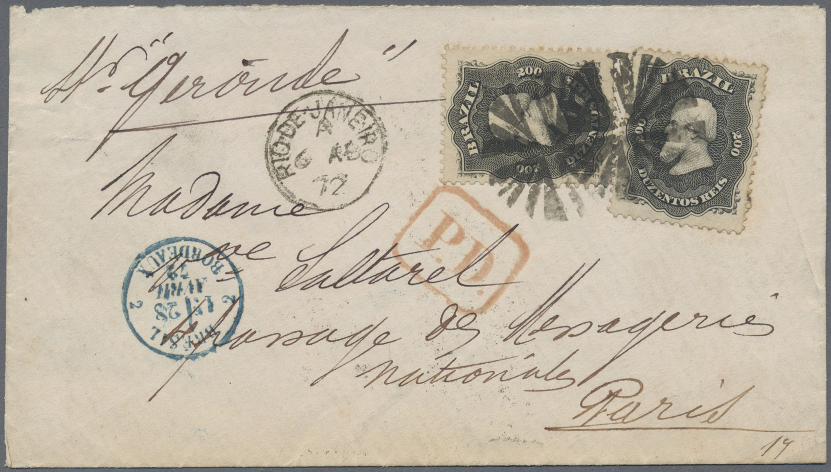Br Brasilien: 1872. Envelope Addressed To France Bearing Brazil Yvert 28, 200r Black (2) Tied By Cork Cancel With Adjace - Other & Unclassified