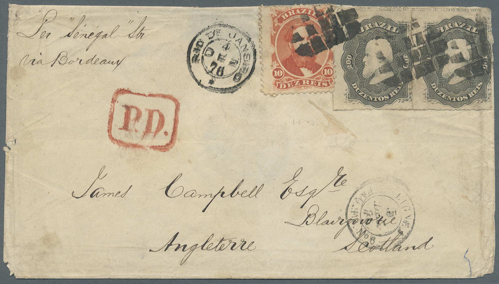 Br Brasilien: 1876. Envelope Addressed To Scotland Bearing 'Dom Pedro' Yvert 23, 10c Red/orange And Yvert 35, 200r Black - Other & Unclassified